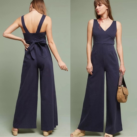 Anthropologie • Chino Jumpsuit navy blue wide leg wrap tie waist stretch twill - Picture 10 of 10